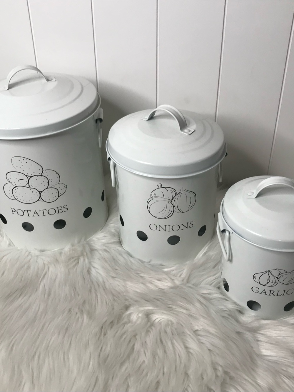 White Metal Kitchen Storage Canister Set - Potatoes, Onions, Garlic